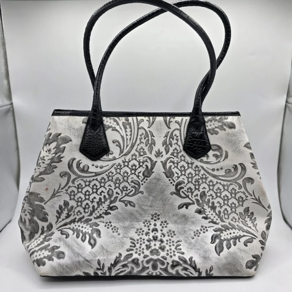 Brahmin Anytime Tote White Damask Embossed Leather Shoulder Bag Black Trim